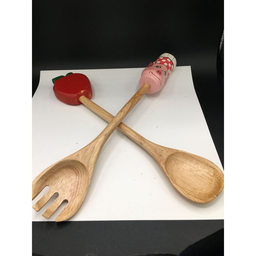 Set of Vintage Wood Salad Servers.Pig Swine/ Chef Head & Apple for its Mouth!